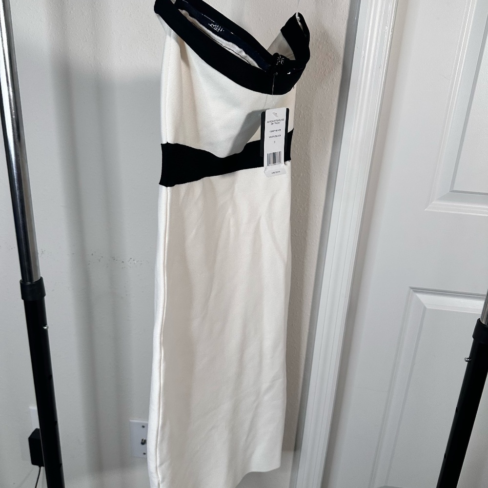 Bebe bandage strapless midi dress in black and white
